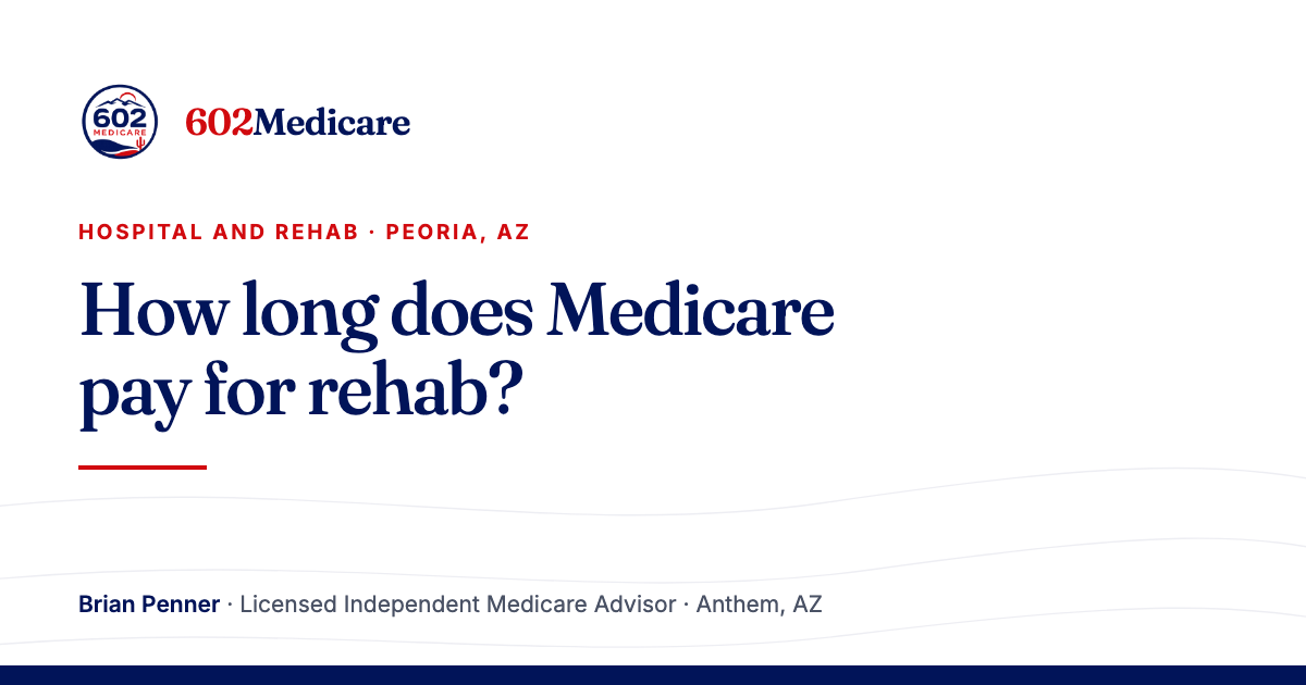 602Medicare article card reading "How long does Medicare pay for rehab?", with the 602Medicare badge and a byline for Brian Penner, Licensed Independent Medicare Advisor.